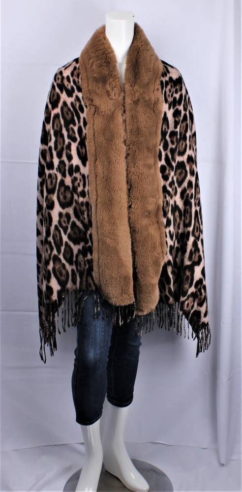 ALICE & LILY fur trimmed animal print scarf beige SC/4902BGE